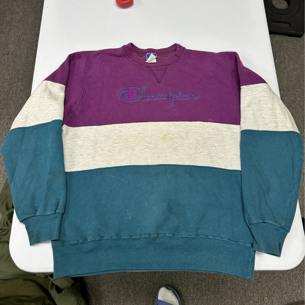 Champion Sweatshirt Mens XL Purple Teal Colorblock Vintage 90s Made In USA